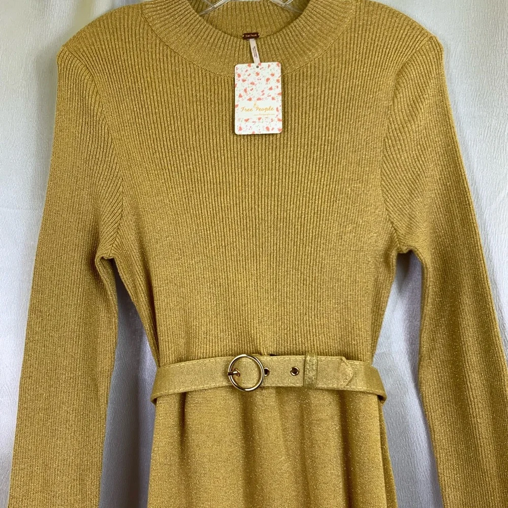Free People French Girl belted A-line Mini Dress Gold NEW Size Large